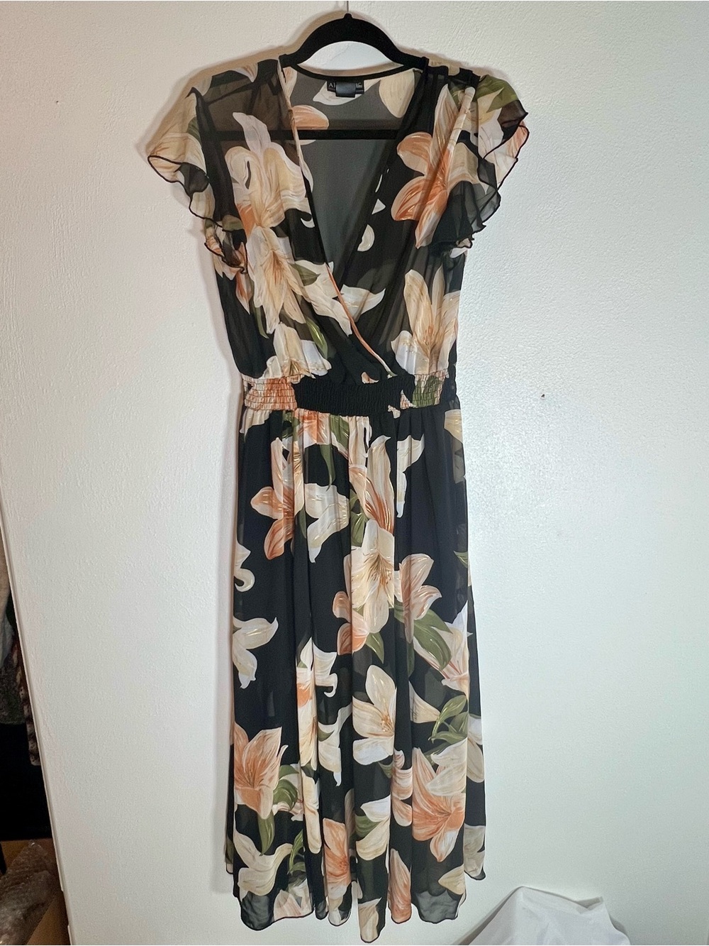 Alexa B Nites Black Floral Maxi Dress Faux Wrap Sheer Georgette 10P